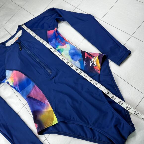 Axesea Swimsuit Womens 4 Blue Watercolor Rash Guard Long Sleeve Sun Protection - Picture 8 of 9
